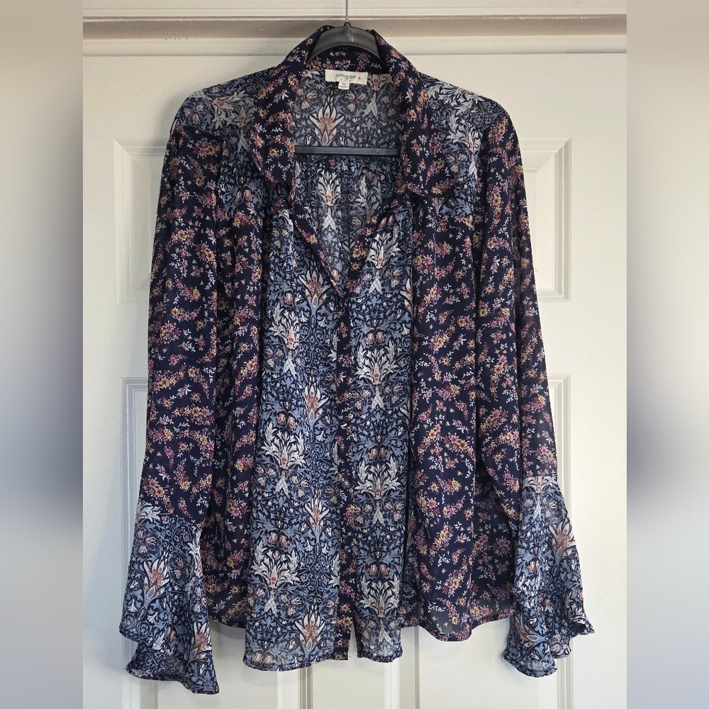 Umgee Blue Floral Mixed Print Boho Blouse with Metallic Thread - Size 1X
